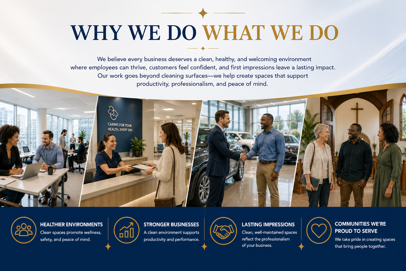 Commercial cleaning professionals creating cleaner, healthier, and more welcoming workplaces that help businesses make lasting impressions, support employee well-being, and strengthen the communities they serve.