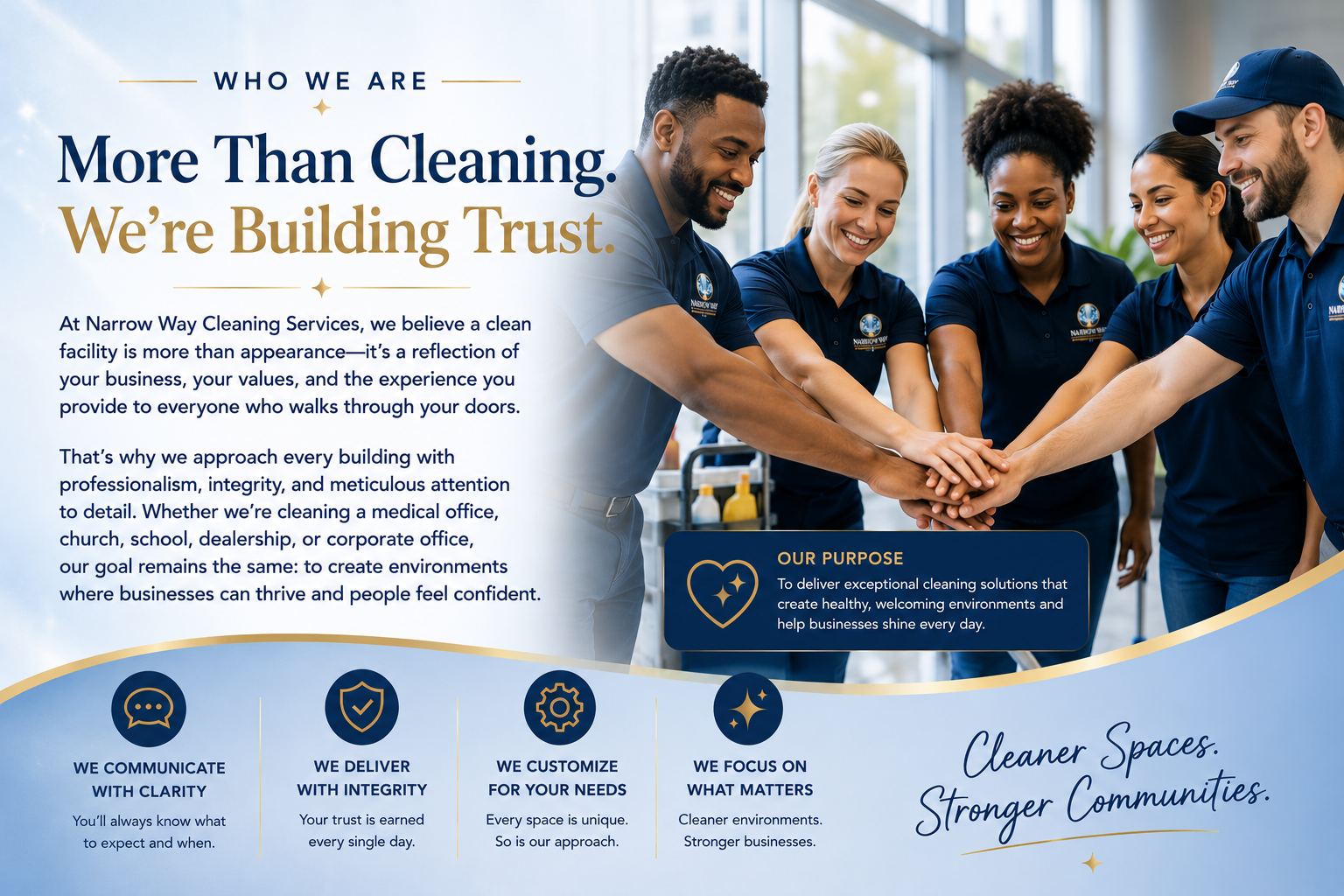 Professional commercial cleaning team demonstrating teamwork, integrity, and a shared commitment to delivering dependable, high-quality cleaning services for Connecticut businesses.