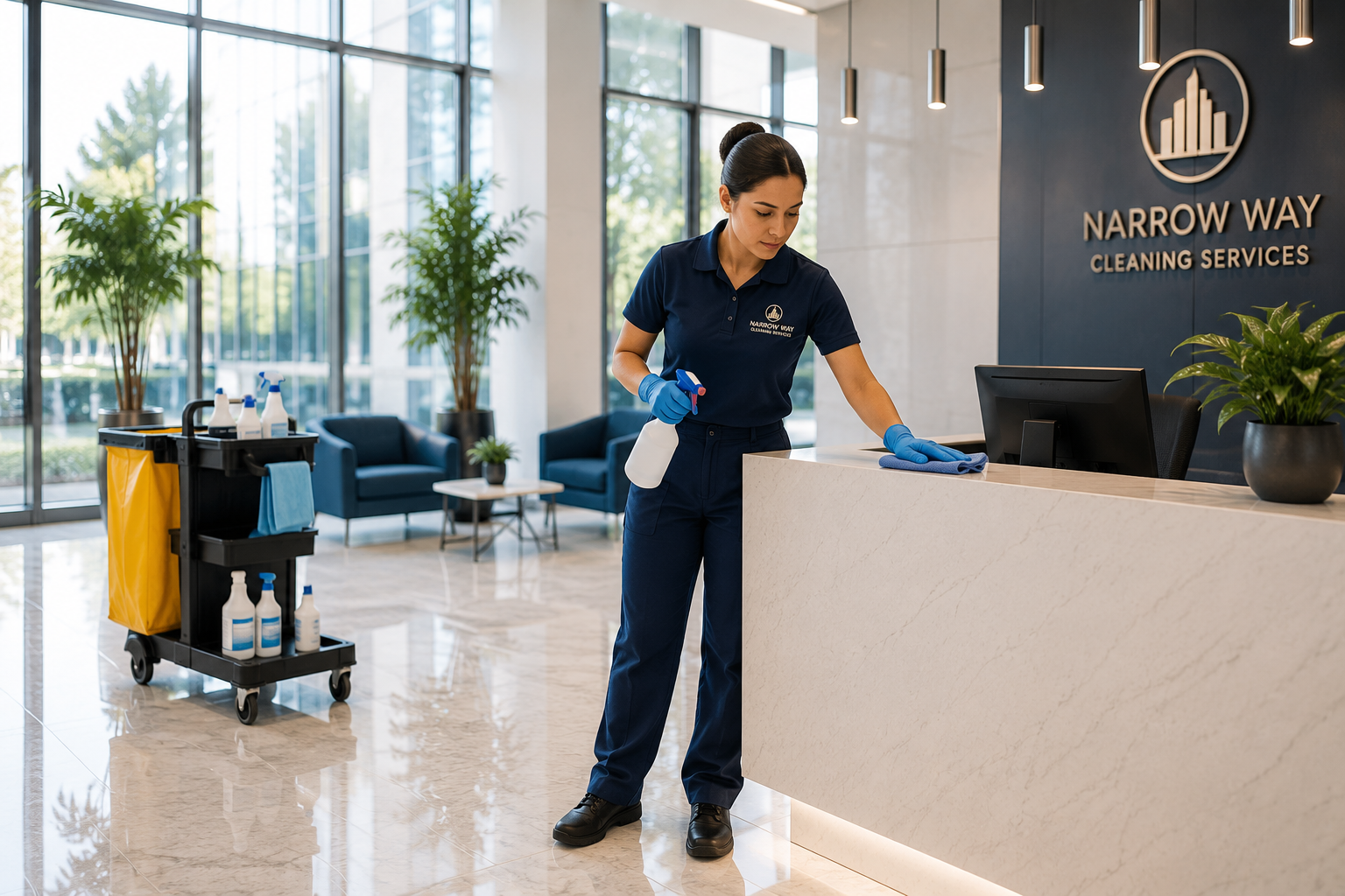 Professional commercial cleaner disinfecting a modern office reception area using professional cleaning methods. Narrow Way Cleaning Services delivers customized cleaning solutions for offices, medical facilities, churches, schools, retail stores, ca