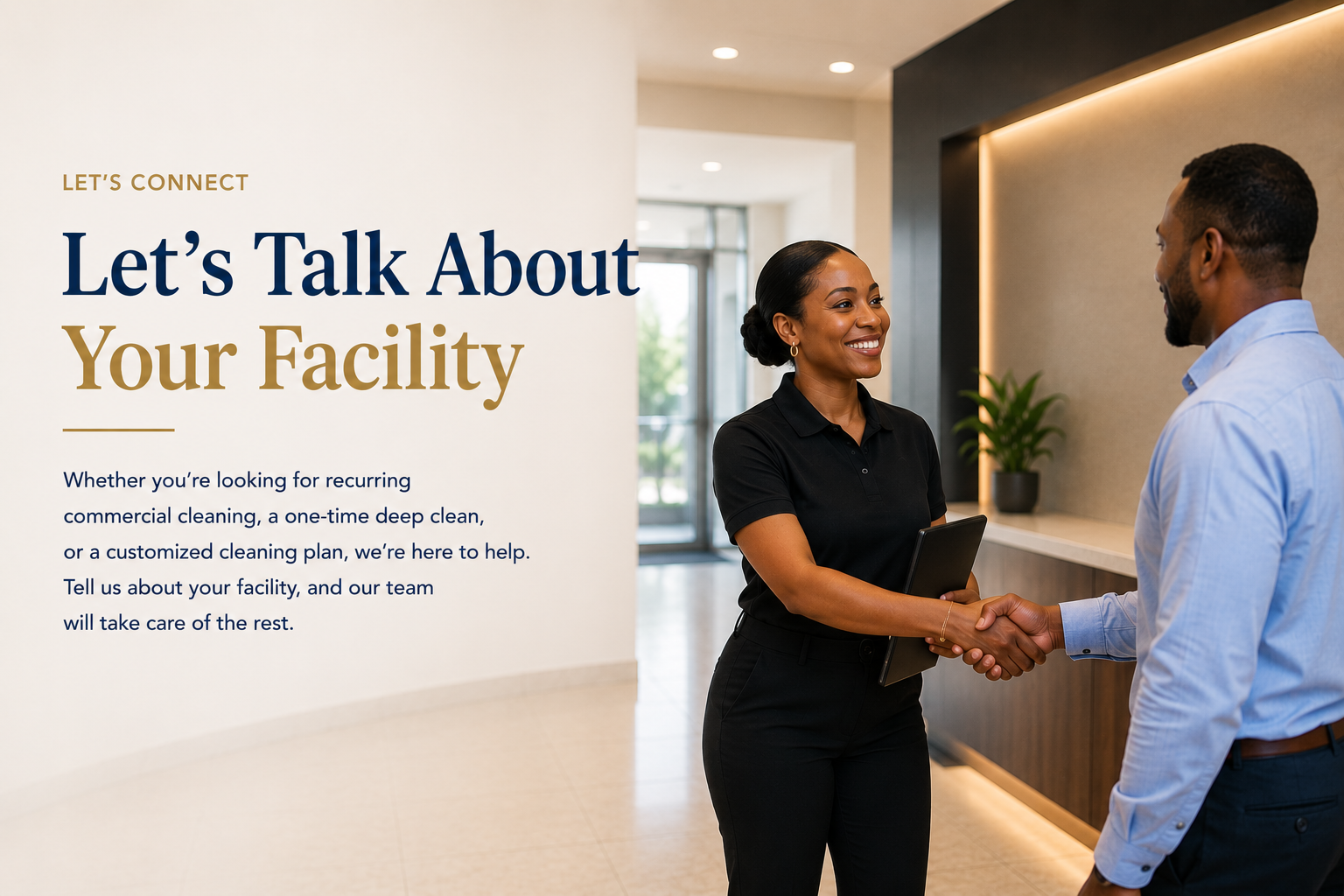Business owner meeting with a Narrow Way Cleaning Services professional to discuss commercial cleaning needs and schedule a customized facility walkthrough.