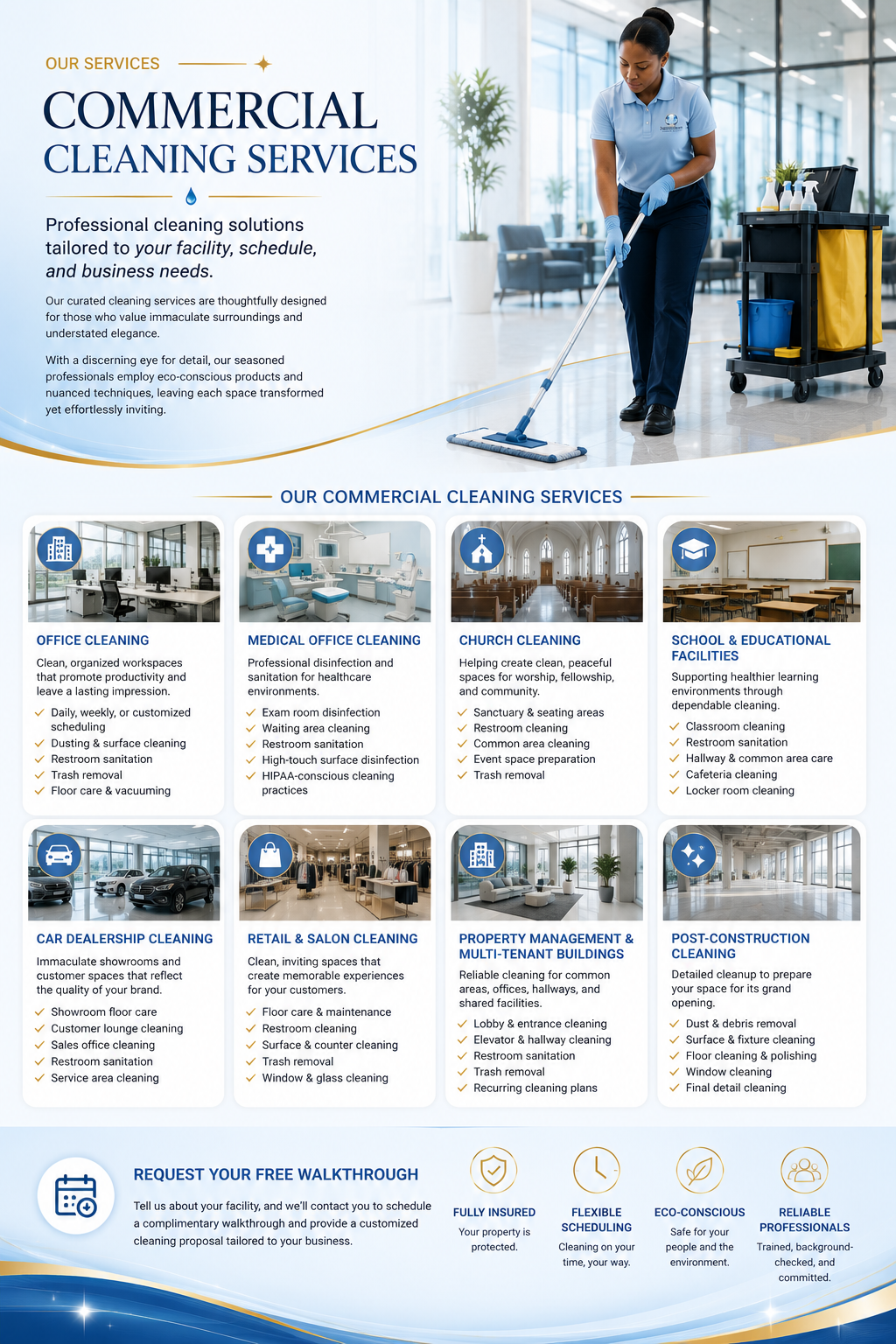 Commercial cleaning services infographic featuring office cleaning, medical facilities, churches, schools, retail stores, car dealerships, property management, post-construction cleaning, and customized cleaning solutions.