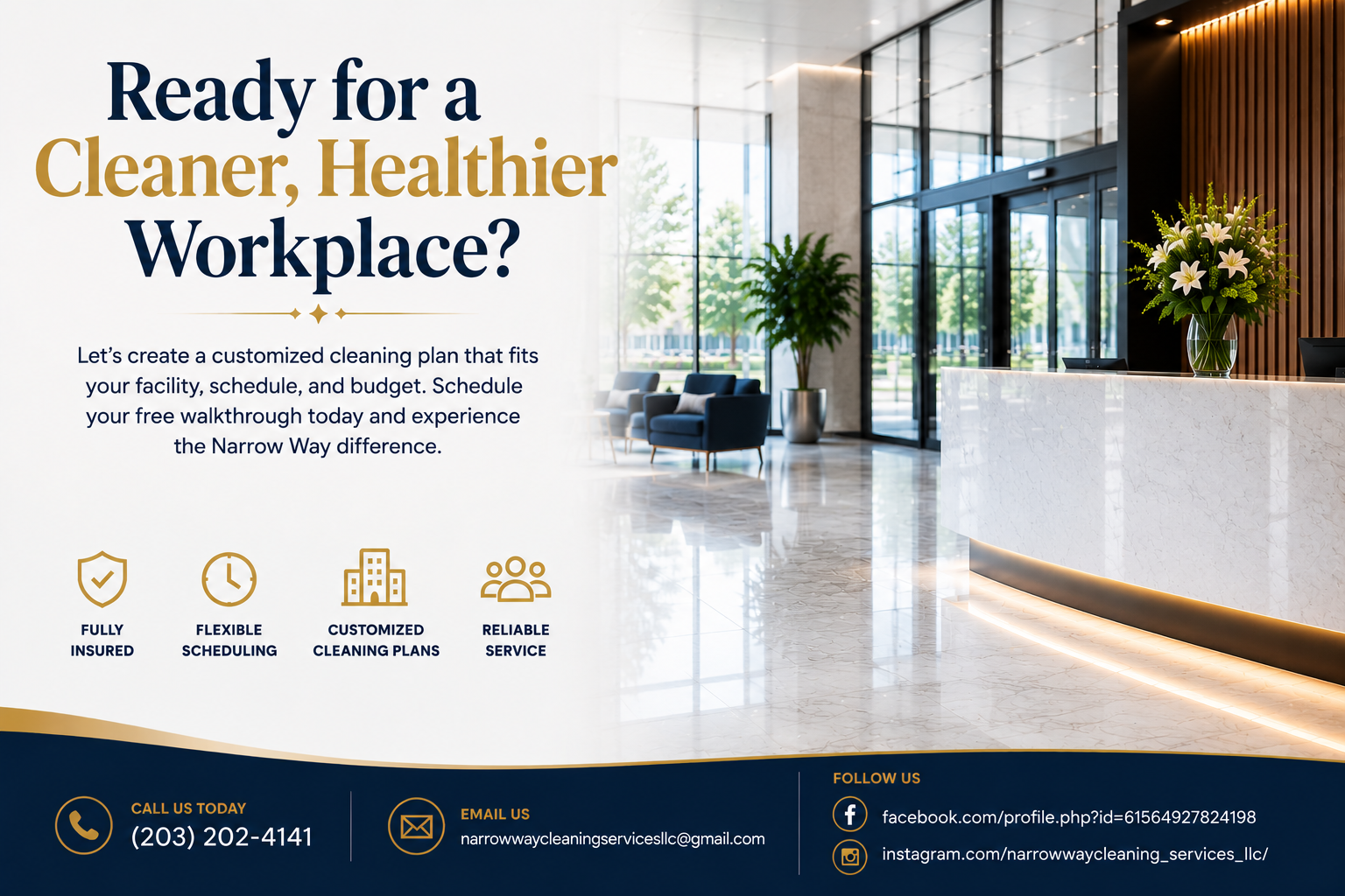 Commercial cleaning services helping businesses maintain cleaner, healthier workplaces through customized cleaning plans, flexible scheduling, reliable service, and professional facility care.