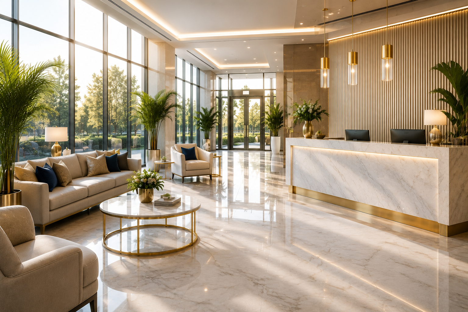 Bright, spotless commercial lobby demonstrating the professional cleaning standards and welcoming environments Narrow Way Cleaning Services delivers for businesses.