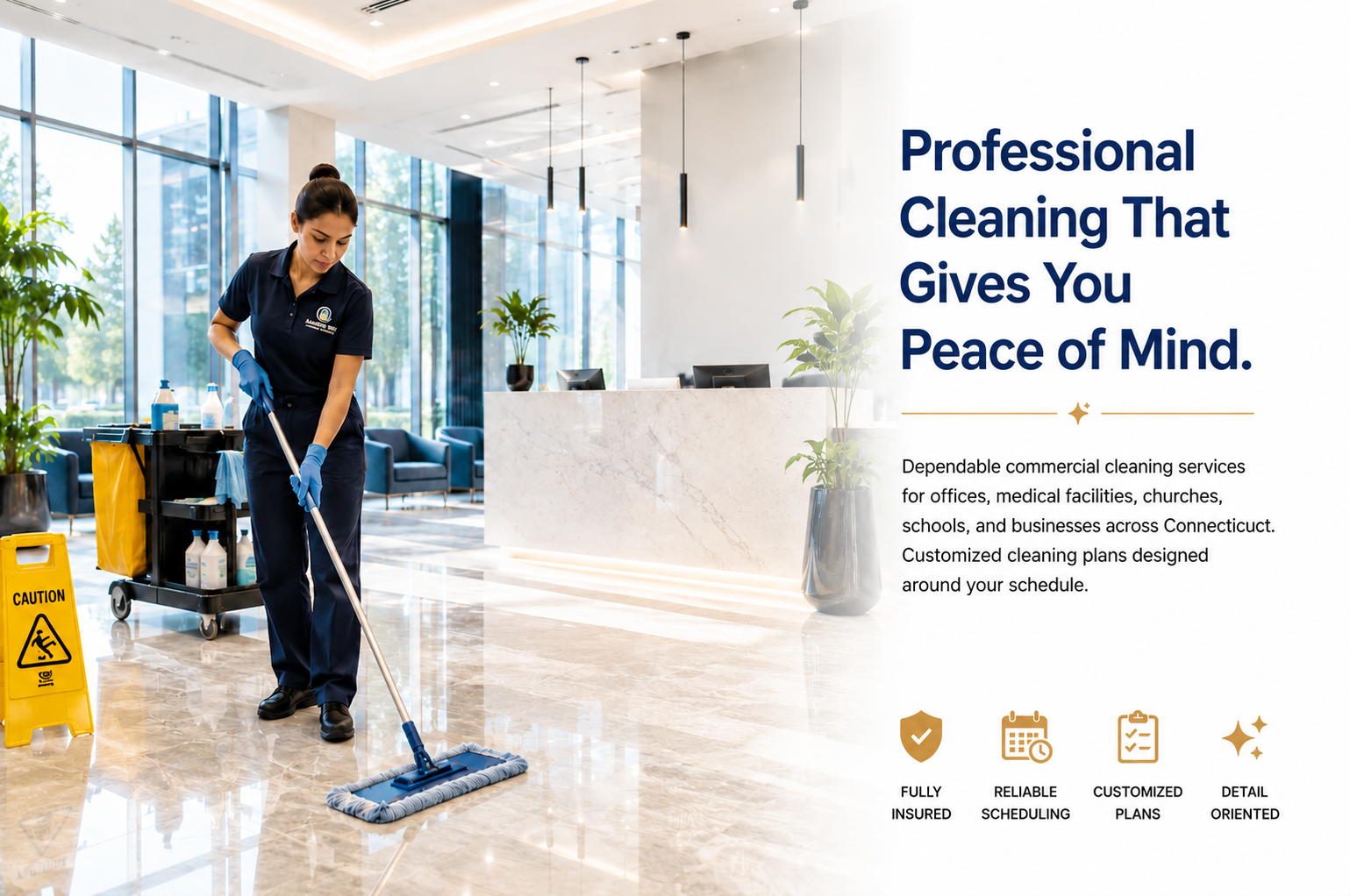 Professional commercial cleaner maintaining a spotless office lobby for a Connecticut business. Narrow Way Cleaning Services provides customized commercial cleaning for offices, medical facilities, churches, schools, retail stores, car dealerships, a