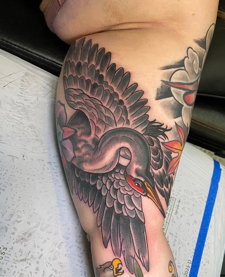 Tattoo of a heron or crane with spread wings on a person's thigh.