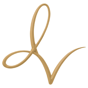A beige or gold cursive letter 'L' with a loop at the top.