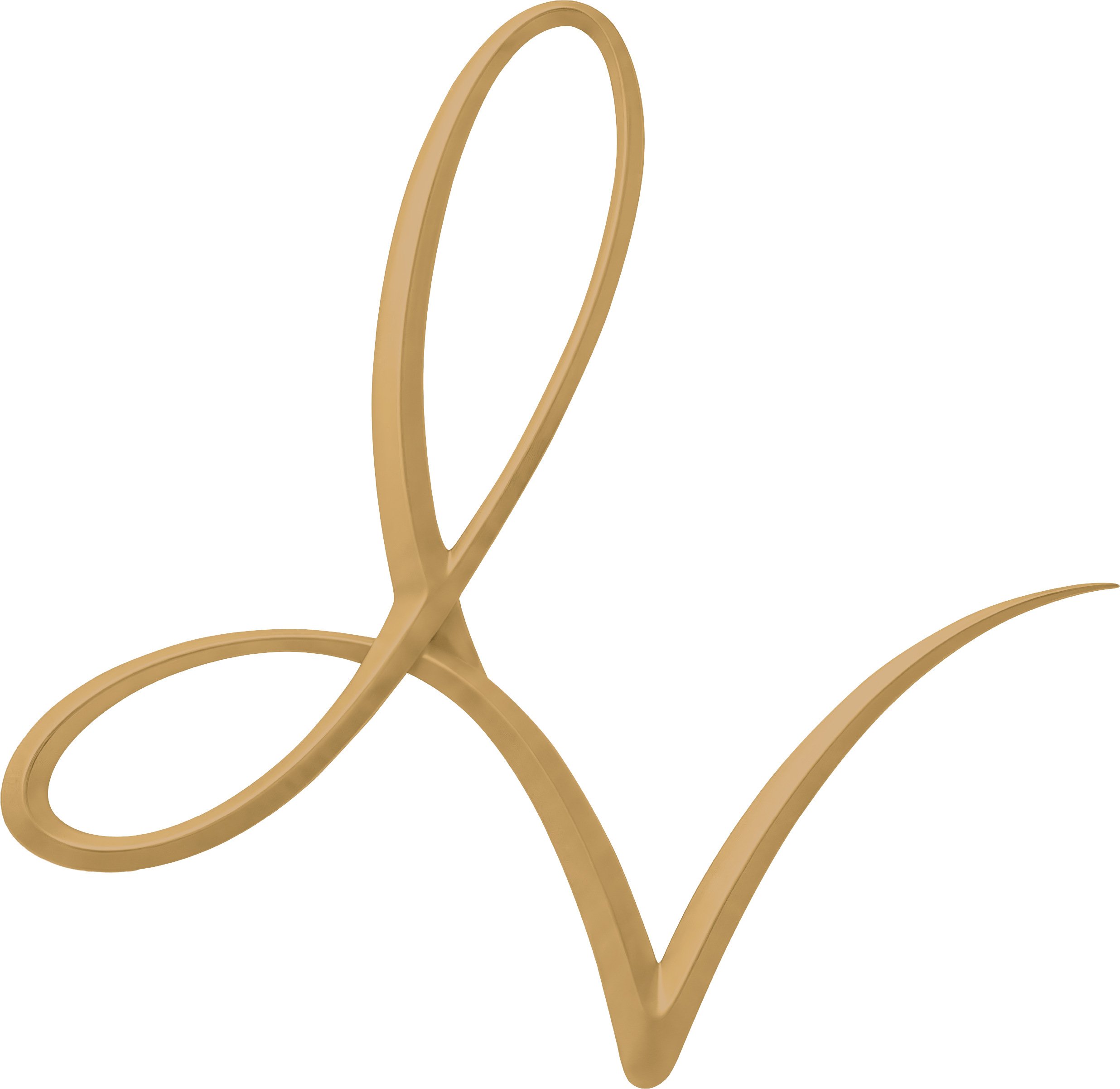 A beige, three-dimensional sculpture of a minimalist looped shape with a twisted, elongated form on a black background.