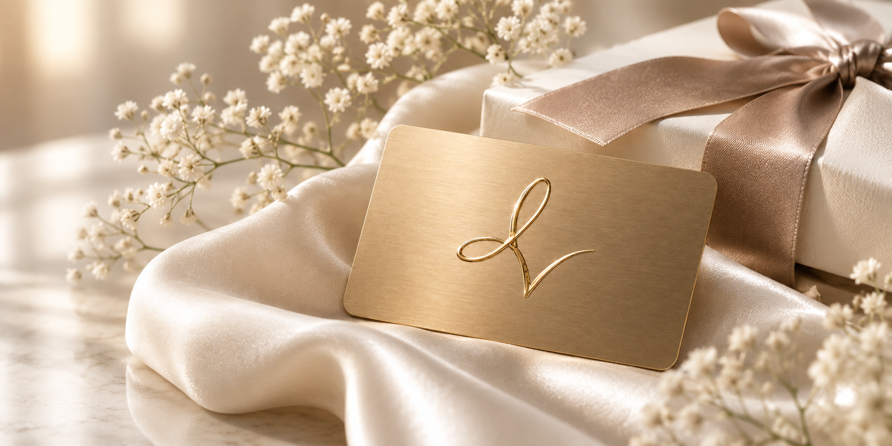 A wedding place card with a gold metallic finish and an elegant calligraphy 'V' on it, resting on satin fabric with a wrapped gift and baby's breath flowers in the background.