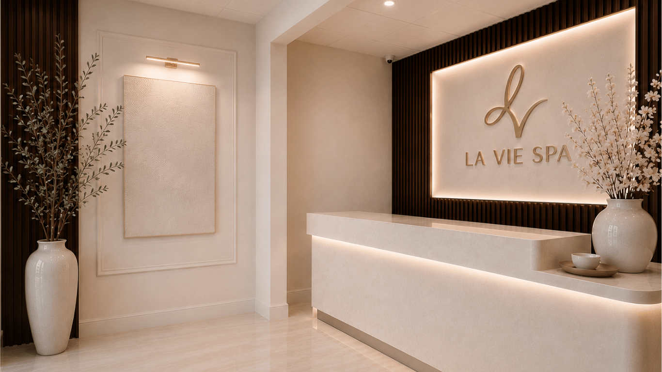 Spa reception with a white counter, decorative white vases with plants, and a sign that reads "LA VIE SPA" illuminated on a wall behind the counter.
