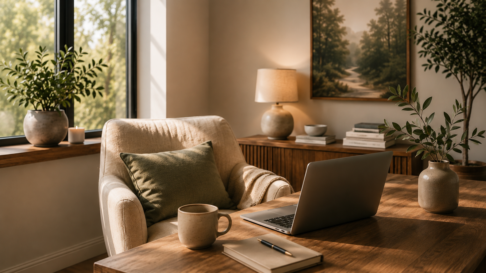 A cozy home office or living room space with a wooden desk, an open laptop, a notebook, a pen, and a coffee mug. There are large potted plants on the window sill and indoor plants in pots on the desk. A beige armchair with a green pillow is in front of the desk. A wooden sideboard with a lamp, books, and a bowl is against the wall, and a landscape painting hangs above it. Sunlight filters through a large window showing green trees outside.