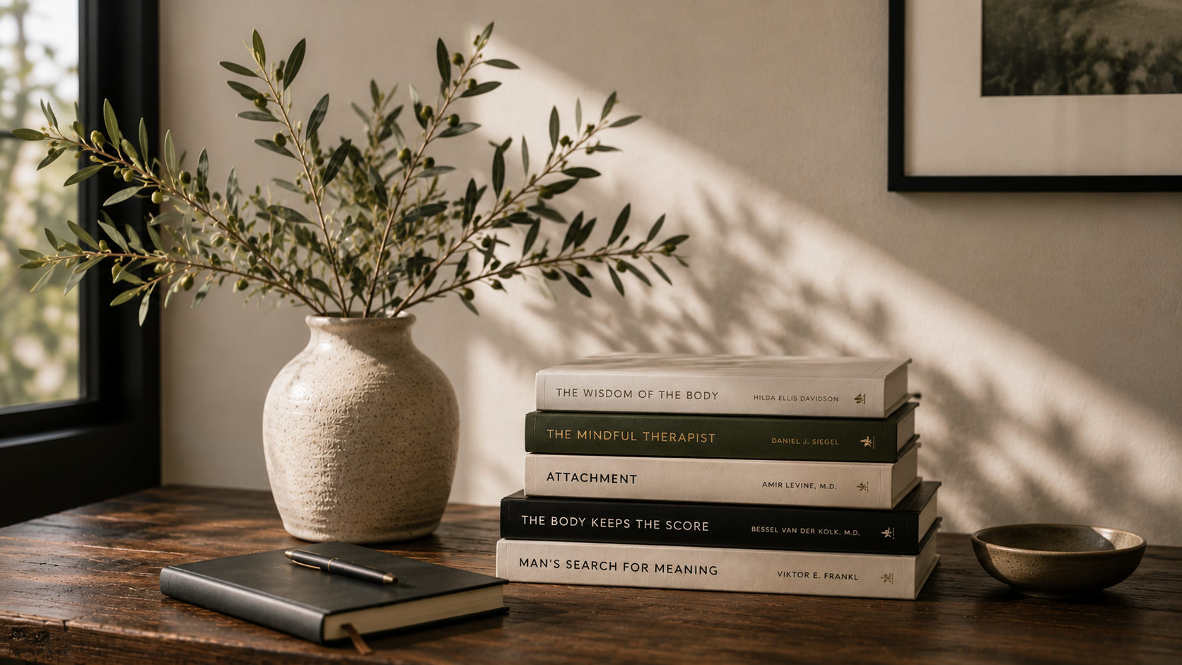 A table with a potted plant, a closed black notebook with a gold pen, and a stack of six books with titles on topics related to psychology and self-improvement, placed near a window with sunlight and shadows.