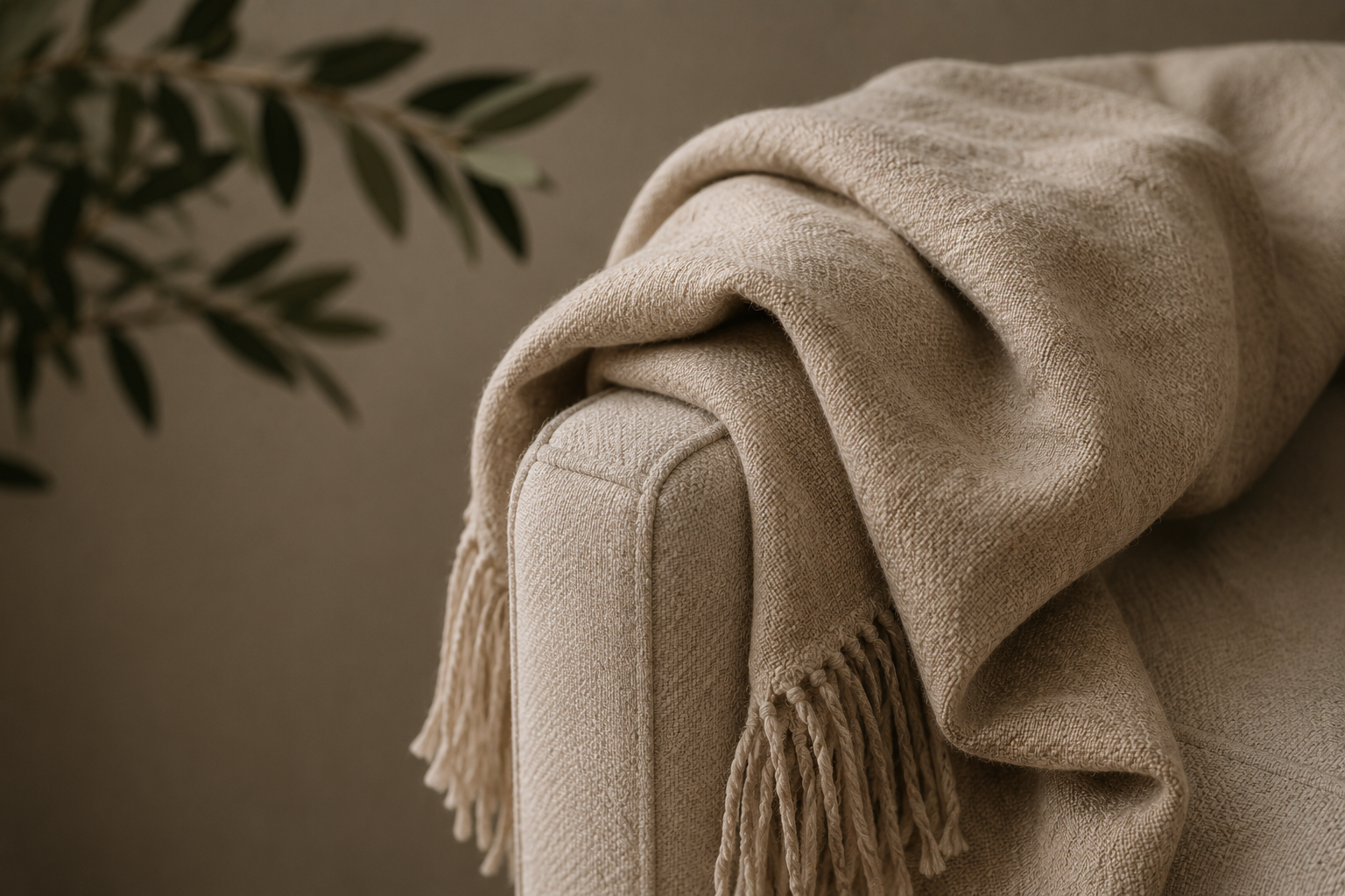 A beige throw blanket draped over the arm of a cream-colored sofa, with a dark green plant in the background.