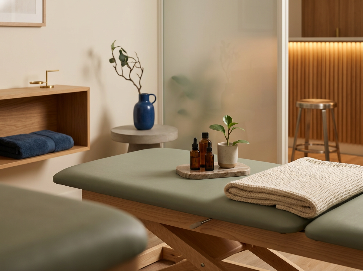 A massage therapy room with a massage table covered in a green sheet, a rolled beige towel, and small bottles of essential oils on a wooden tray. In the background, there is a small wooden side table with a blue vase holding branches and leaves, and a part of a frosted glass partition.