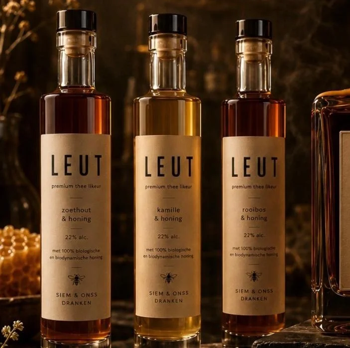 Drie flesjes thee met verschillende aroma's voor het drinken, op een donkere achtergrond.