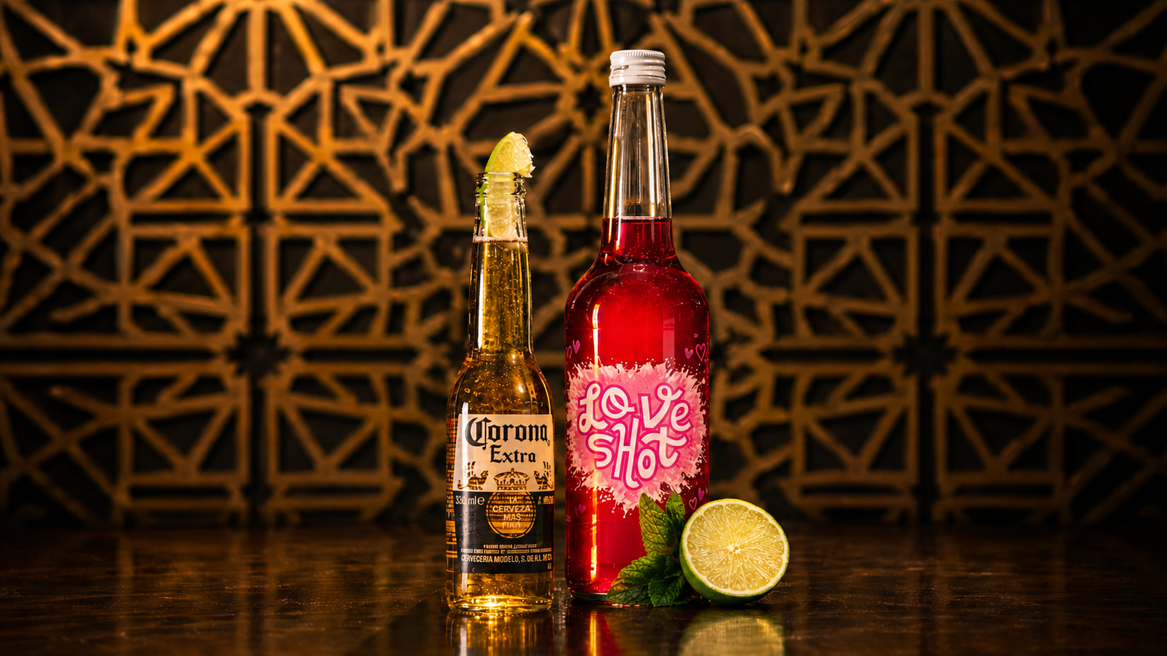 Een fles Corona Extra bier met een limoenpartje op de rand, naast een fles Love Shot met een halve limoen en muntblaadjes, allemaal op een houten tafel met een decoratieve achtergrond.