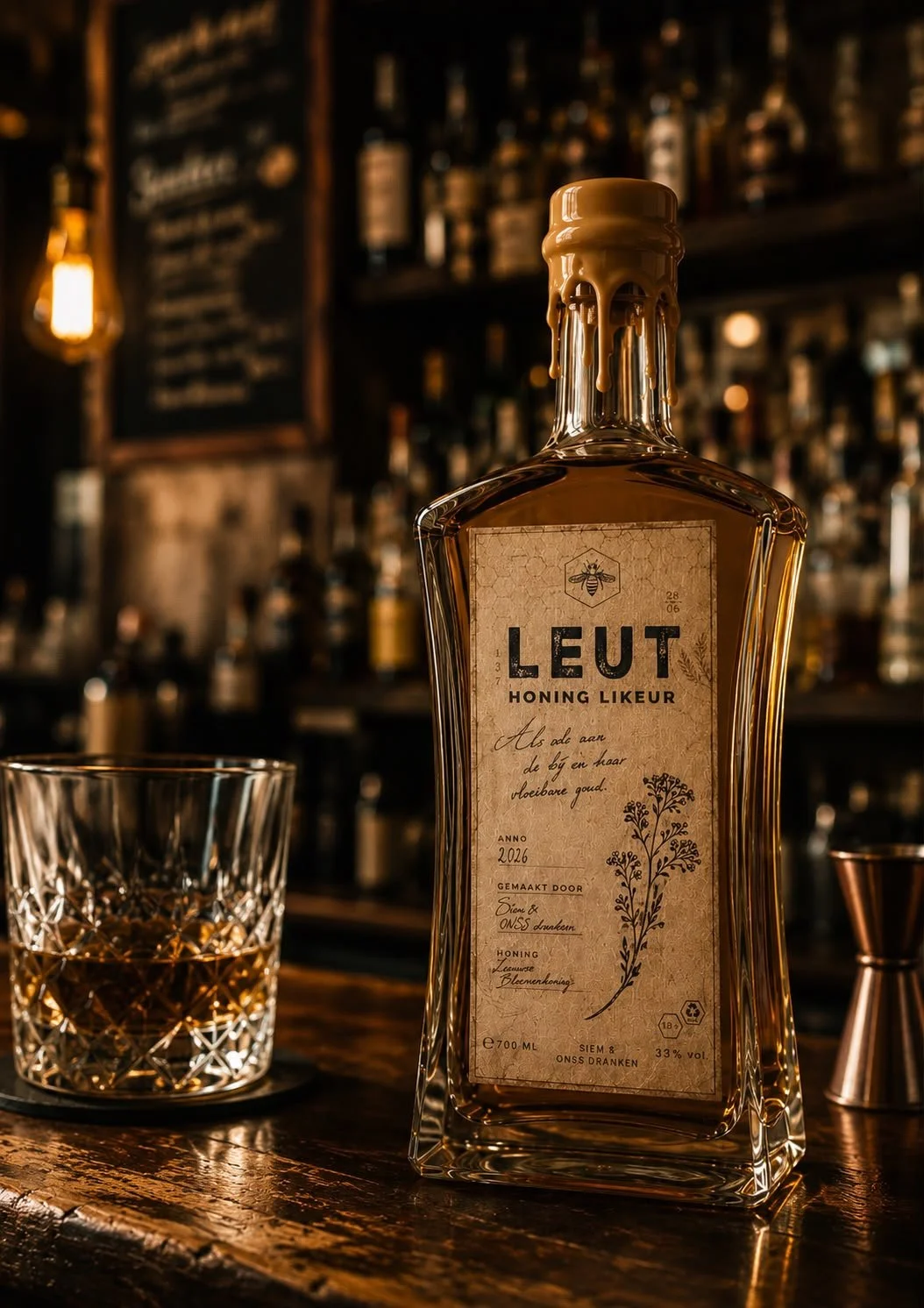 Een fles honinglikeur genaamd 'LEUT' met een glas ernaast op een bar, op de achtergrond een bar met flessen en moodverlichting.