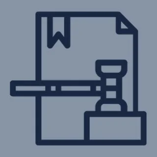 Icon of a document with a bookmark, a gavel, and a block, representing legal or judicial content.