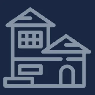 Outline drawing of a house with a garage, windows, and a front door on a dark background.