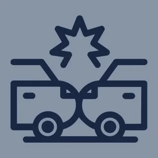 Illustration of two cars crashing head-on with an explosion or collision burst between them.
