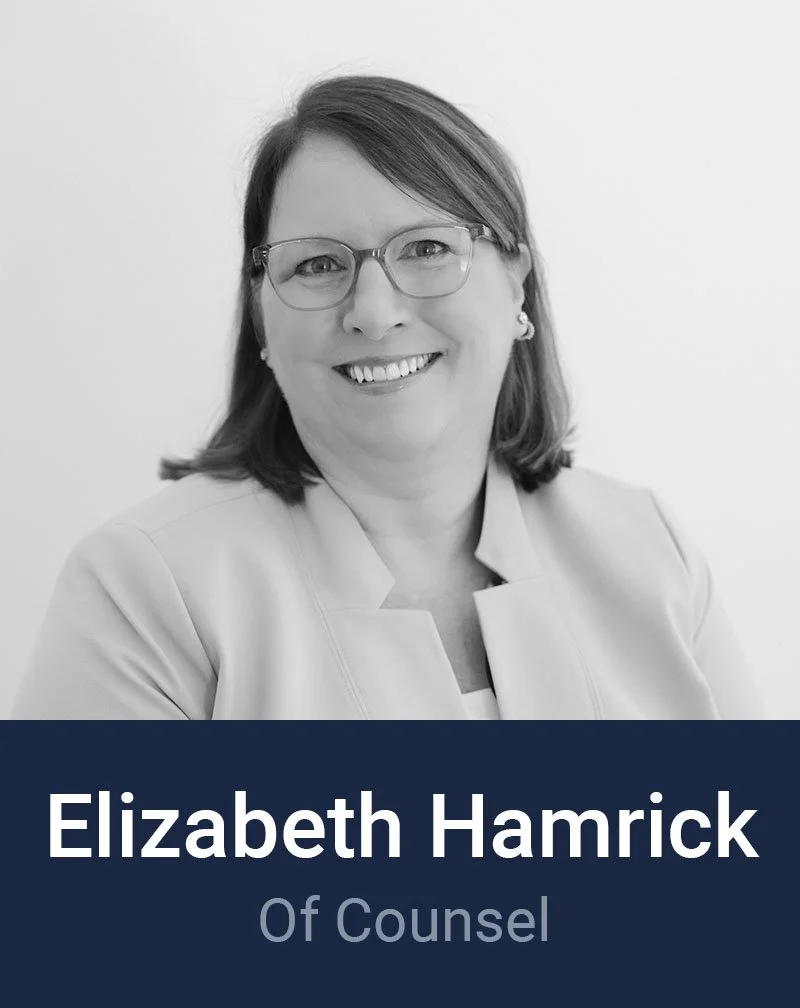 Black and white professional headshot of Elizabeth Hamrick, Of Counsel at Loftin Holt Hall & Hargett LLP.