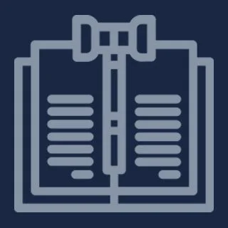 Icon of an open book with a pen or quill positioned vertically in the center.