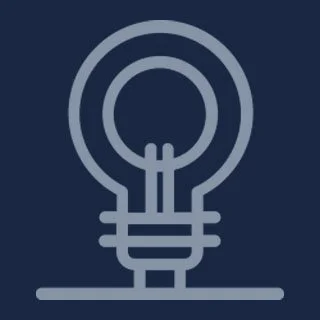 Light bulb icon with a stylized filament design on a dark background.