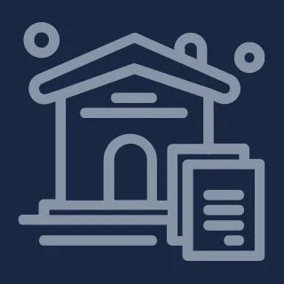 Outline illustration of a house with a door, windows, and a roof, alongside a document or clipboard.