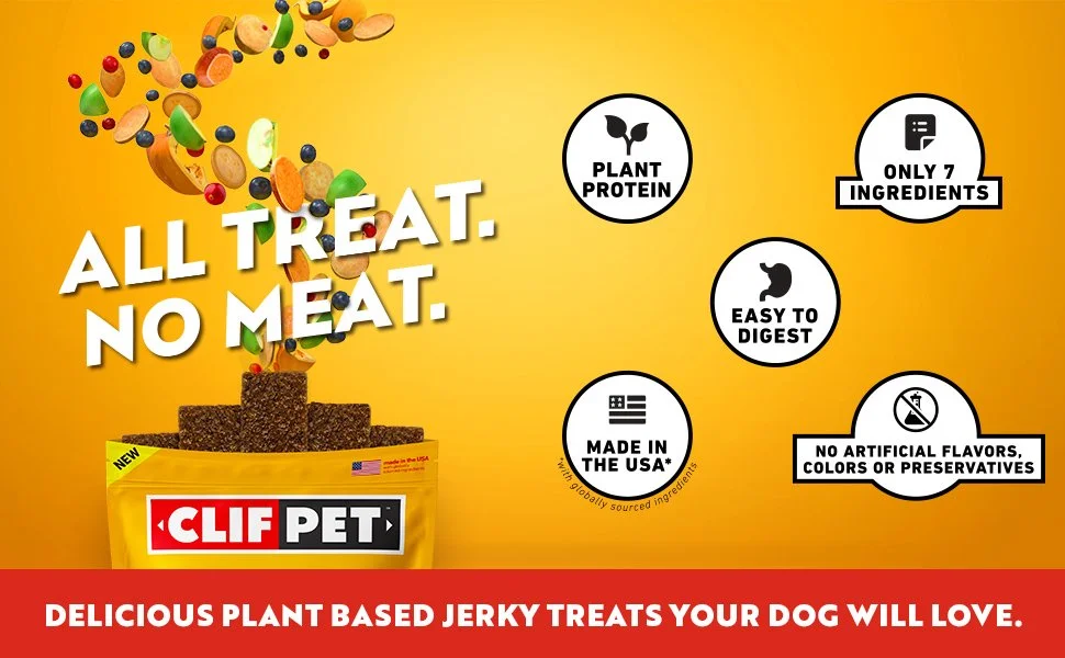A Clif Pet website module highlighting plant based jerky treats for dogs. "All treat. No meat."
