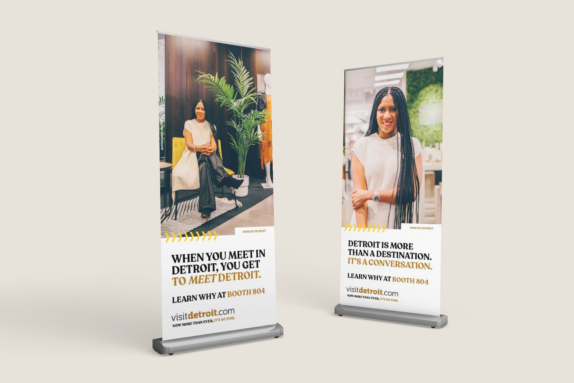 Visit Detroit pull up banners for event spaces. "When you meet in Detroit, you get to meet Detroit." "Detroit is more than a destination. It's a conversation."