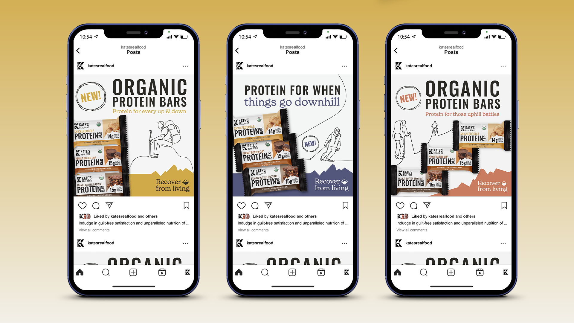 Three smartphones displaying three different Instagram posts by Kates Real Food.