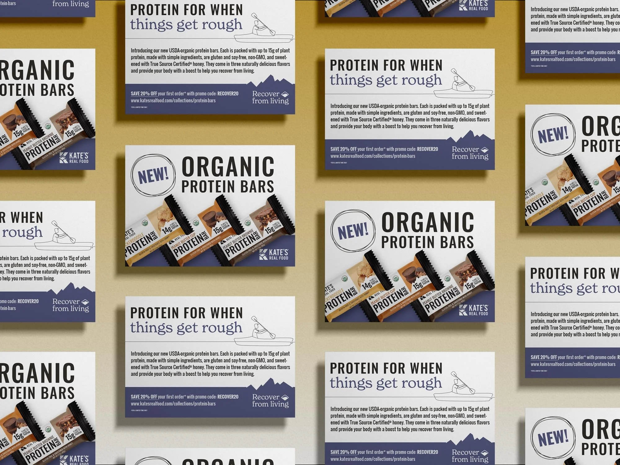 A layout showing an array of Kate's Real Food postcards for the new Organic Protein Bars.