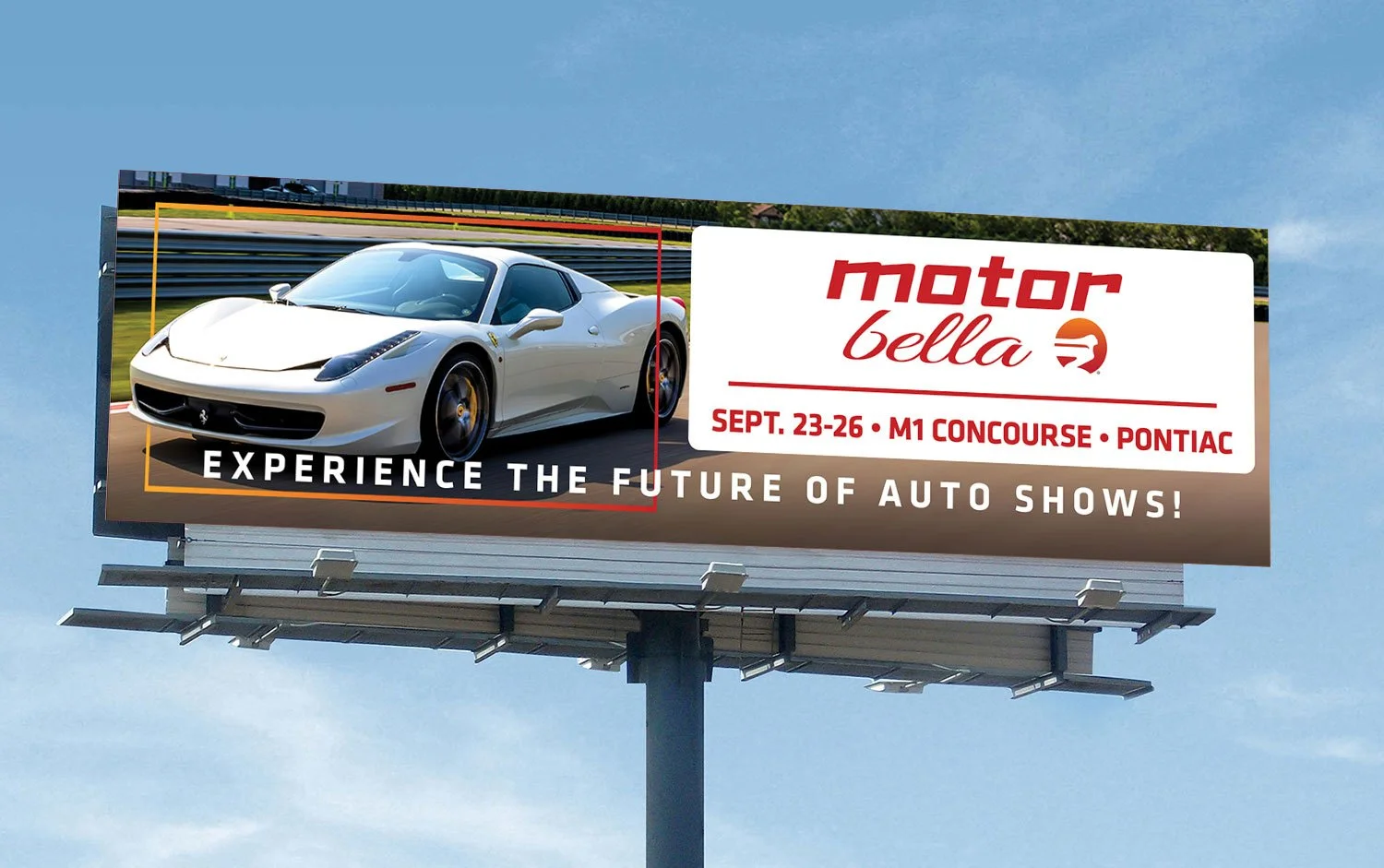 A billboard for Motor Bella with the headline, "Experience the future of auto shows!"