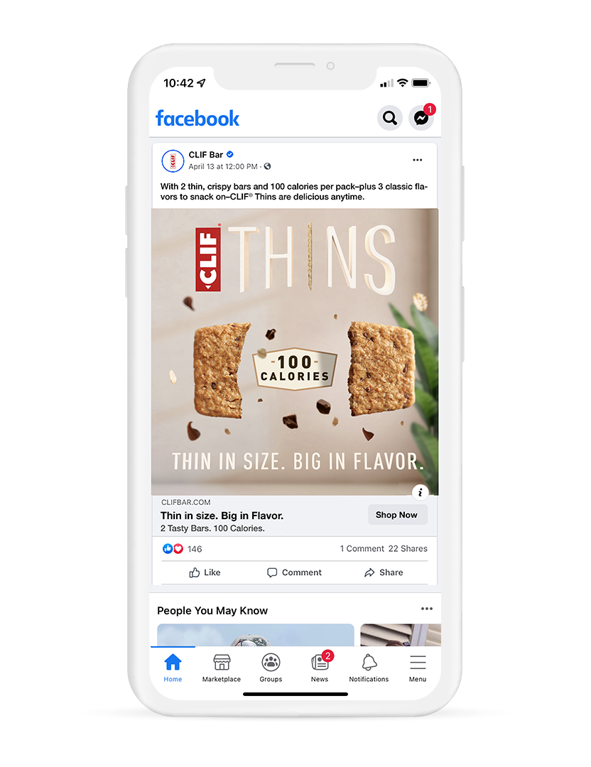 A CLIF Thins social post with headline, "Thin in size. Big in flavor."