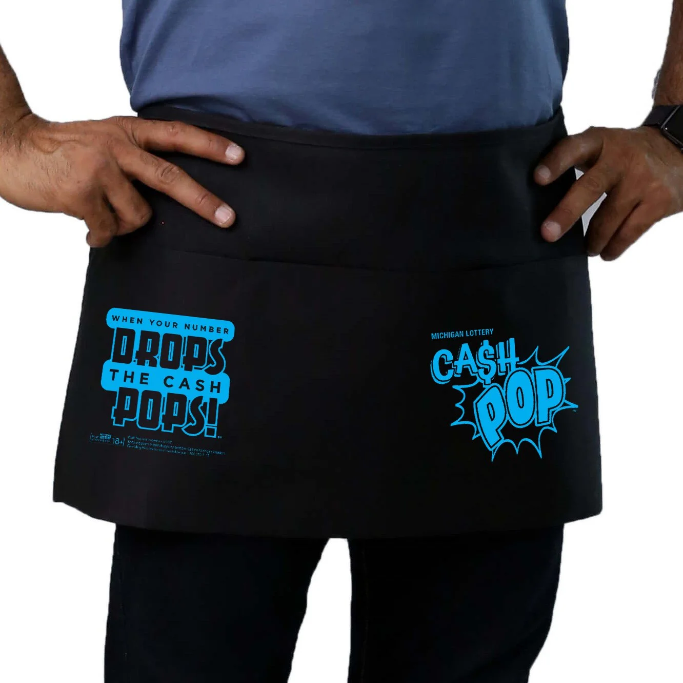 A Michigan Lottery Cash Pop apron design with message, "When your number drops the cash pops!"