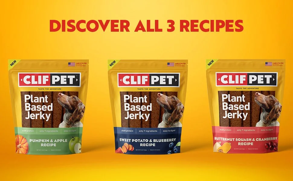 Three bags of Clif Pet Plant Based Jerky for dogs. "Discover all 3 recipes" which include Pumpkin & Apple, Sweet Potato & Blueberry and Buternut Squash & Cranberry.