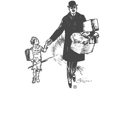 Detroit Goodfellows logo featuring a vintage illustration of a man carrying gifts and holding a child’s hand