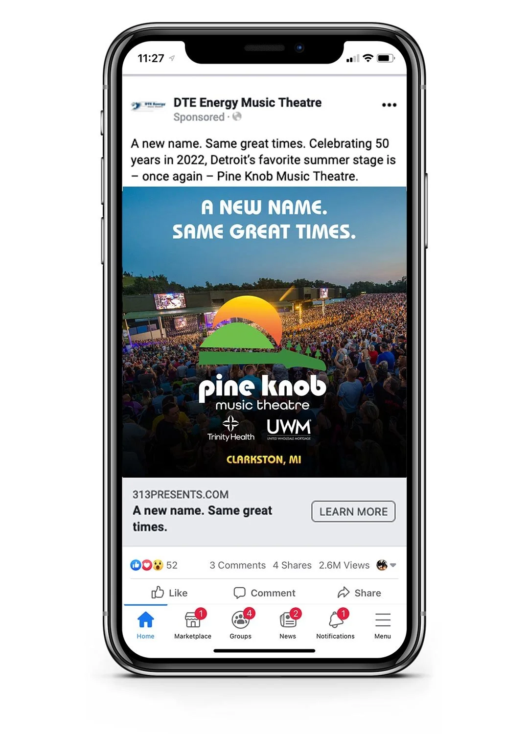 A social post from DTE Energy Muisc Theatre announcing their new name: Pine Knob Music Theatre..