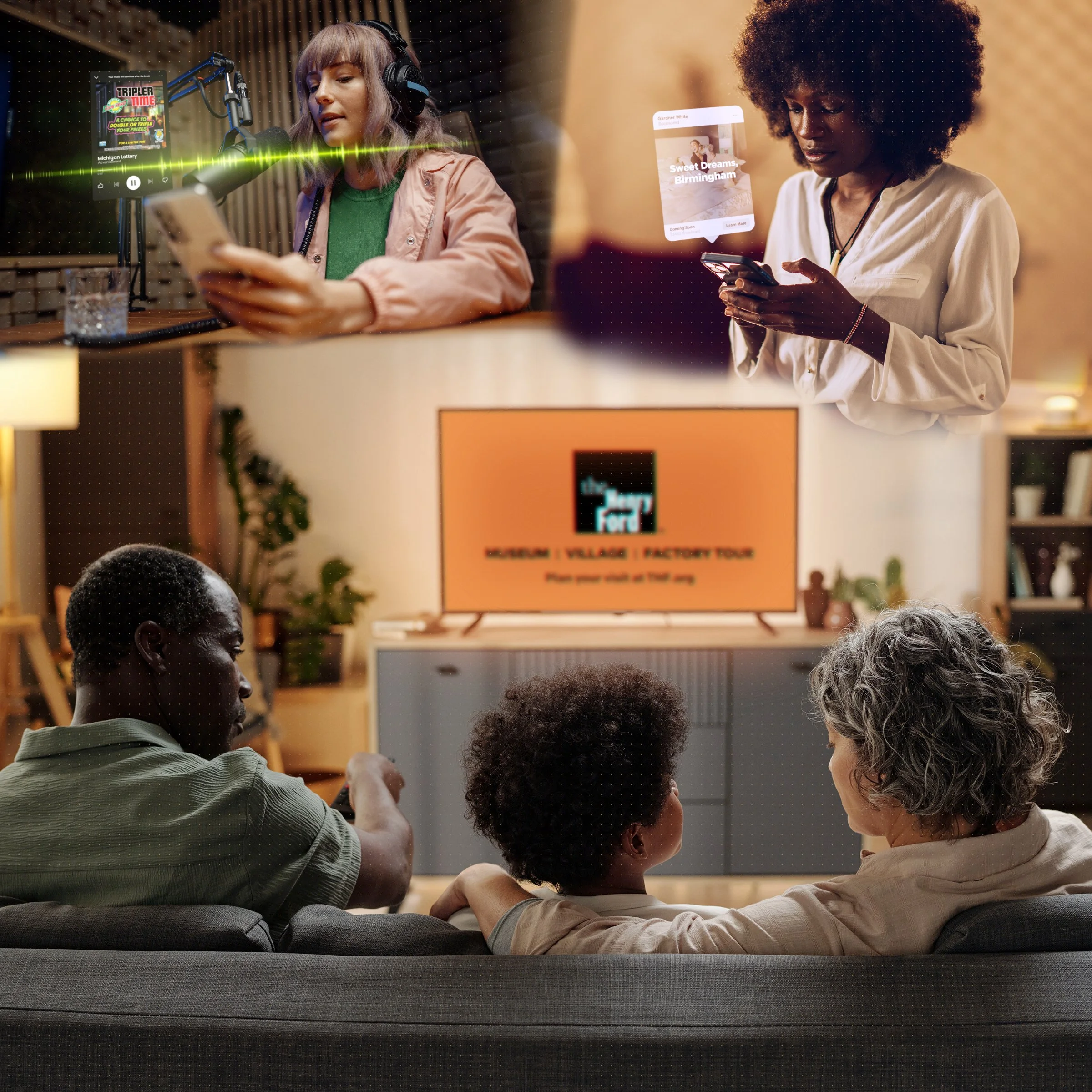 Diverse family watching a television surrounded by digital audio and streaming advertisements, including a woman recording a podcast and a person using a smartphone.