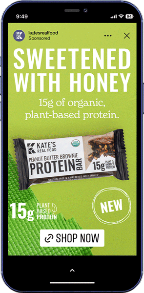 A smartphone showing a gif animation of different Kate's Real Food Instagram story ads.