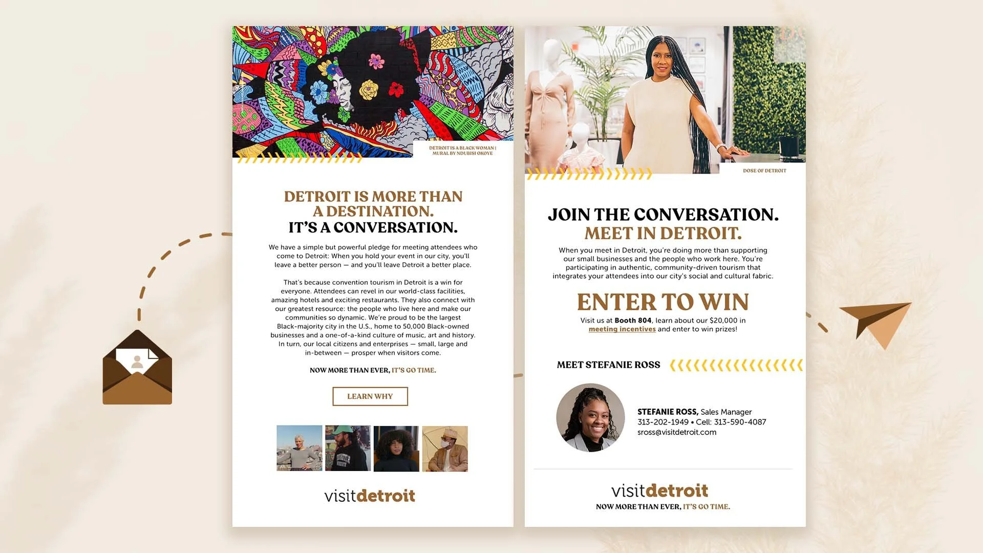 Two Visit Detroit eblast layouts. One has a headline, "Detroit is more than a destination. It's a conversation." The other reads, "Join the conversation. Meet in Detroit."