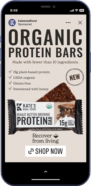 A smartphone showing a gif animation of different Kate's Real Food Instagram story ads.