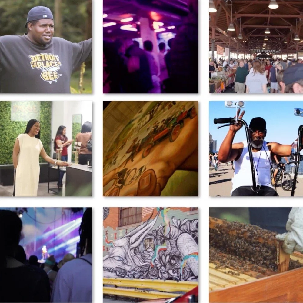 An image collage of photos from around Detroit showing small business owners, art, artists and the Detroit Library.