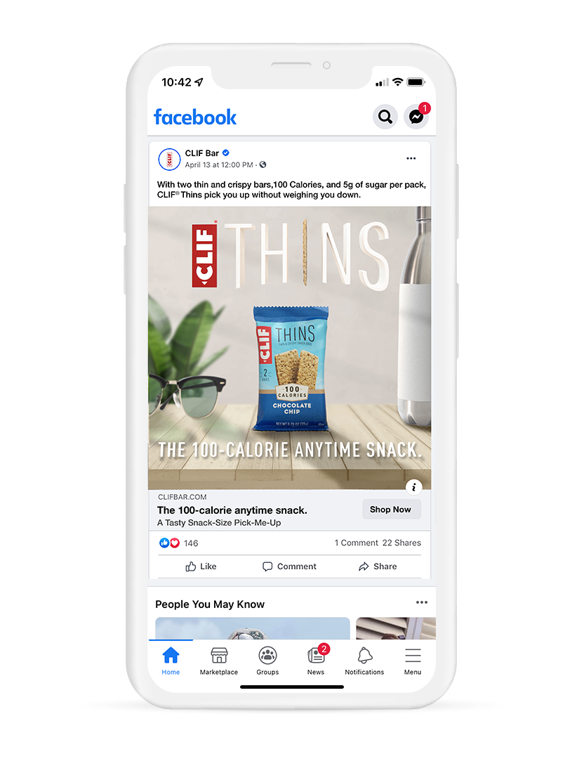 A CLIF Thins social post with headline, "The 100-calorie anytime snack."