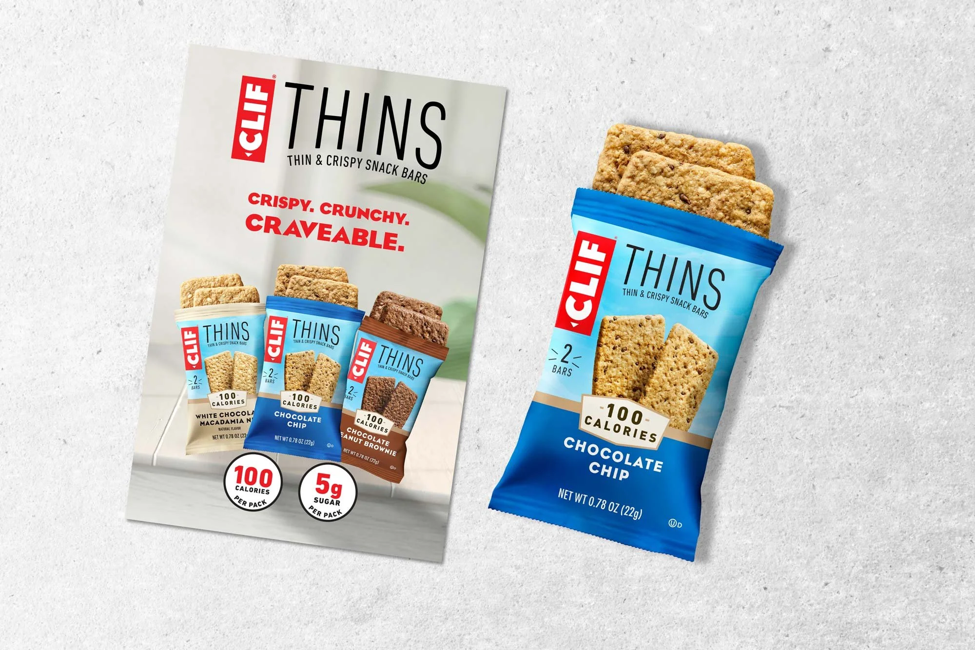 A CLIF Thins promotion flyer next to an open package of chocolate chip flavored CLIF Thins.
