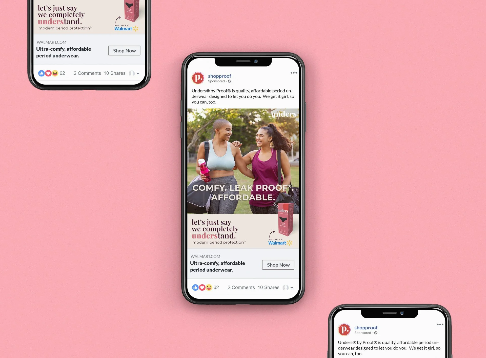An iPhone mockup showing a social media ad for Unders by Proof. "Comfy. Leak proof. Affordable."