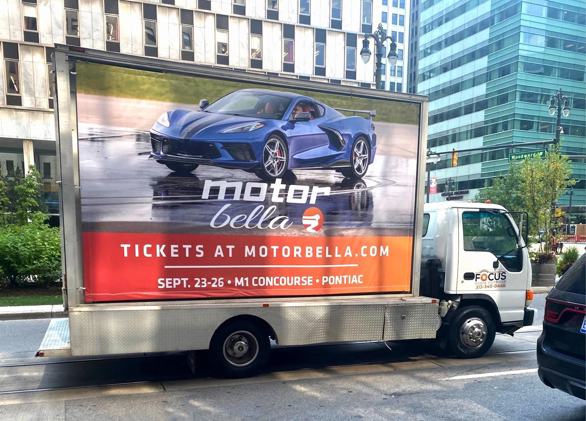 A mobile billboard for Motor Bella with headline, "Tickets at motorbella.com. Sept. 23–26 • M1 Concourse • Pontiac"