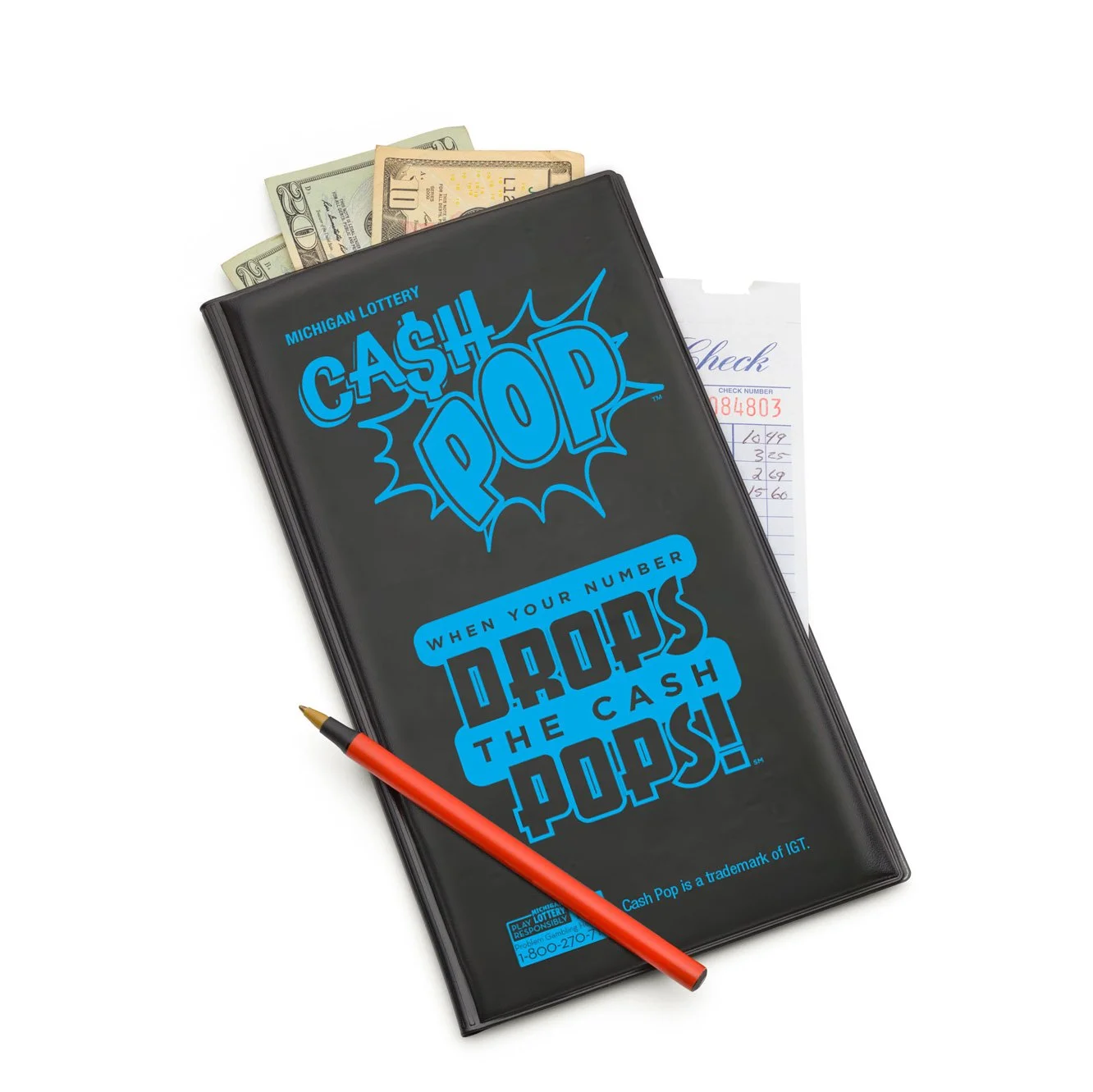 A Michigan Lottery Cash Pop branded check holder with tagline printed on it.