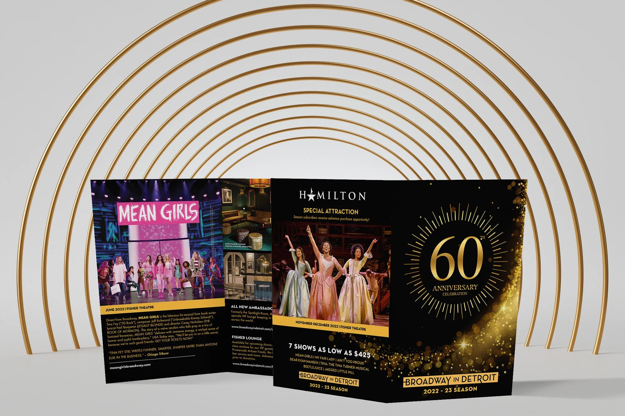The Broadway in Detroit 60th Anniversary Celebration brochure showing special attractions like Hamilton and Mean Girls.