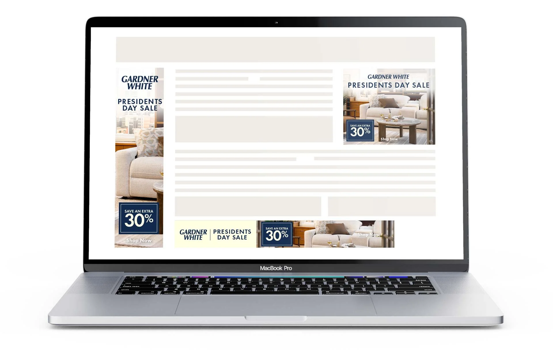 A laptop screen showing Gardner White furniture display ads. The ads are for the Presidents Day Sale with savings of an extra 30%.