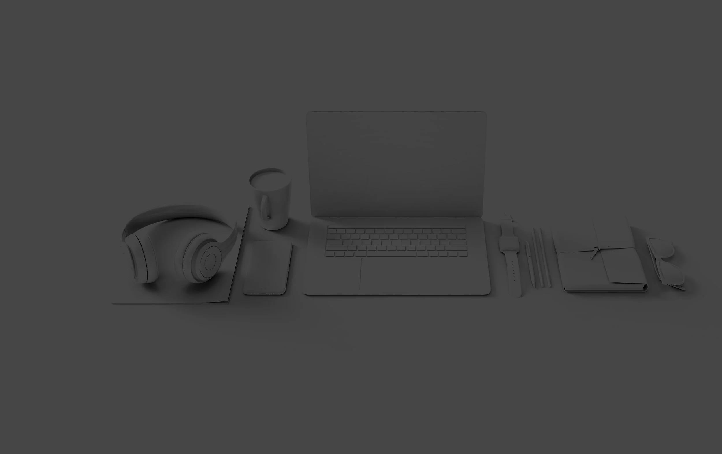 Top-down view of a workspace with a laptop, smartphone, headphones, coffee mug, smartwatch, notebook, pen, and eyeglasses